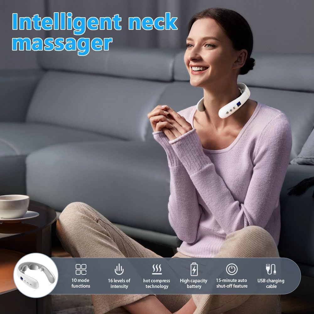 Wireless Neck Massager with Heat & 10 Modes: Electric Pulse Pain Relief for Australian Office Workers & V1107-WIRELESS NECK MASSAGER WITH HEAT