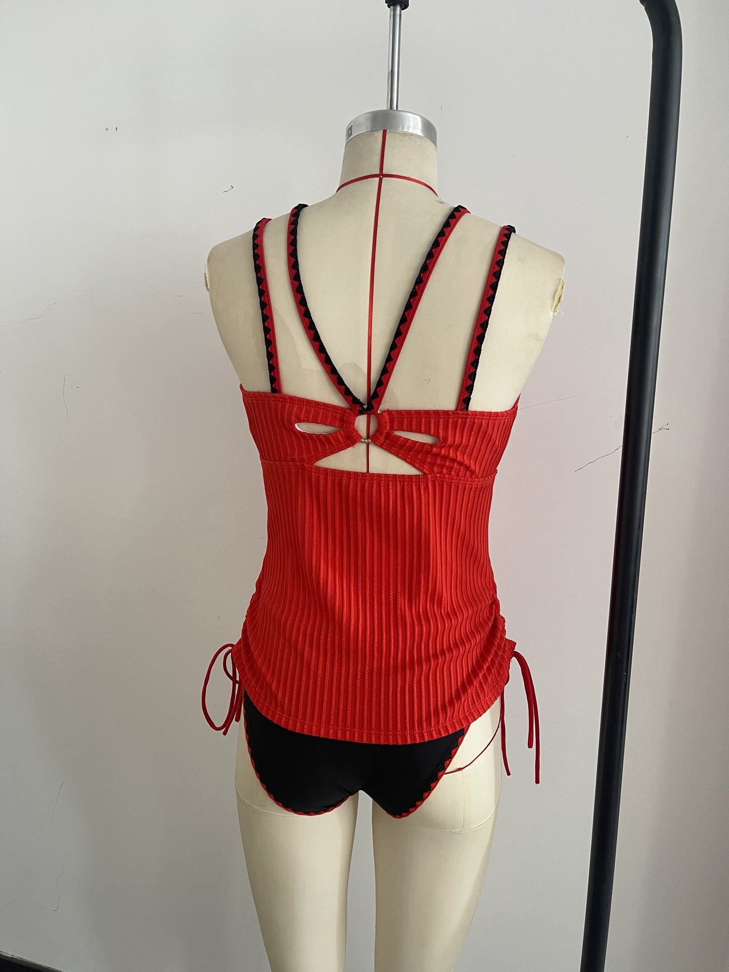 Knitted Hot Red Swimwear Set Featuring a Bold Deep V Cut and Lace-Up Back Detailing Size L V1119-SSB016-KNITTED-HOT-RED-SWIMWEAR-SIZE-L