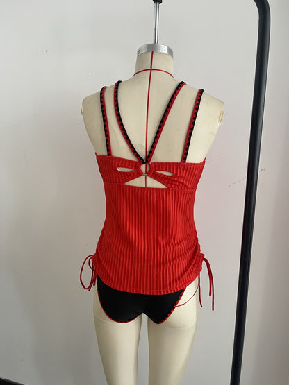 Knitted Hot Red Swimwear Set Featuring a Bold Deep V Cut and Lace-Up Back Detailing Size L V1119-SSB016-KNITTED-HOT-RED-SWIMWEAR-SIZE-L