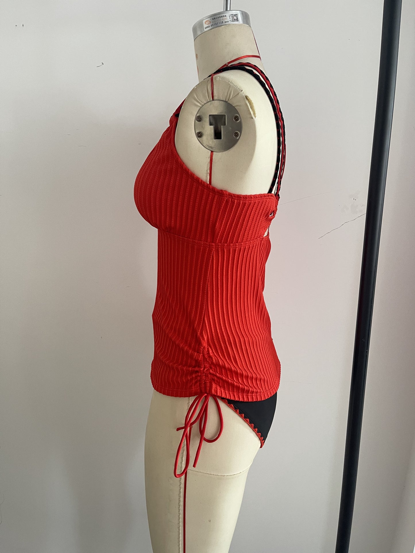 Knitted Hot Red Swimwear Set Featuring a Bold Deep V Cut and Lace-Up Back Detailing Size M V1119-SSB016-KNITTED-HOT-RED-SWIMWEAR-SIZE-M