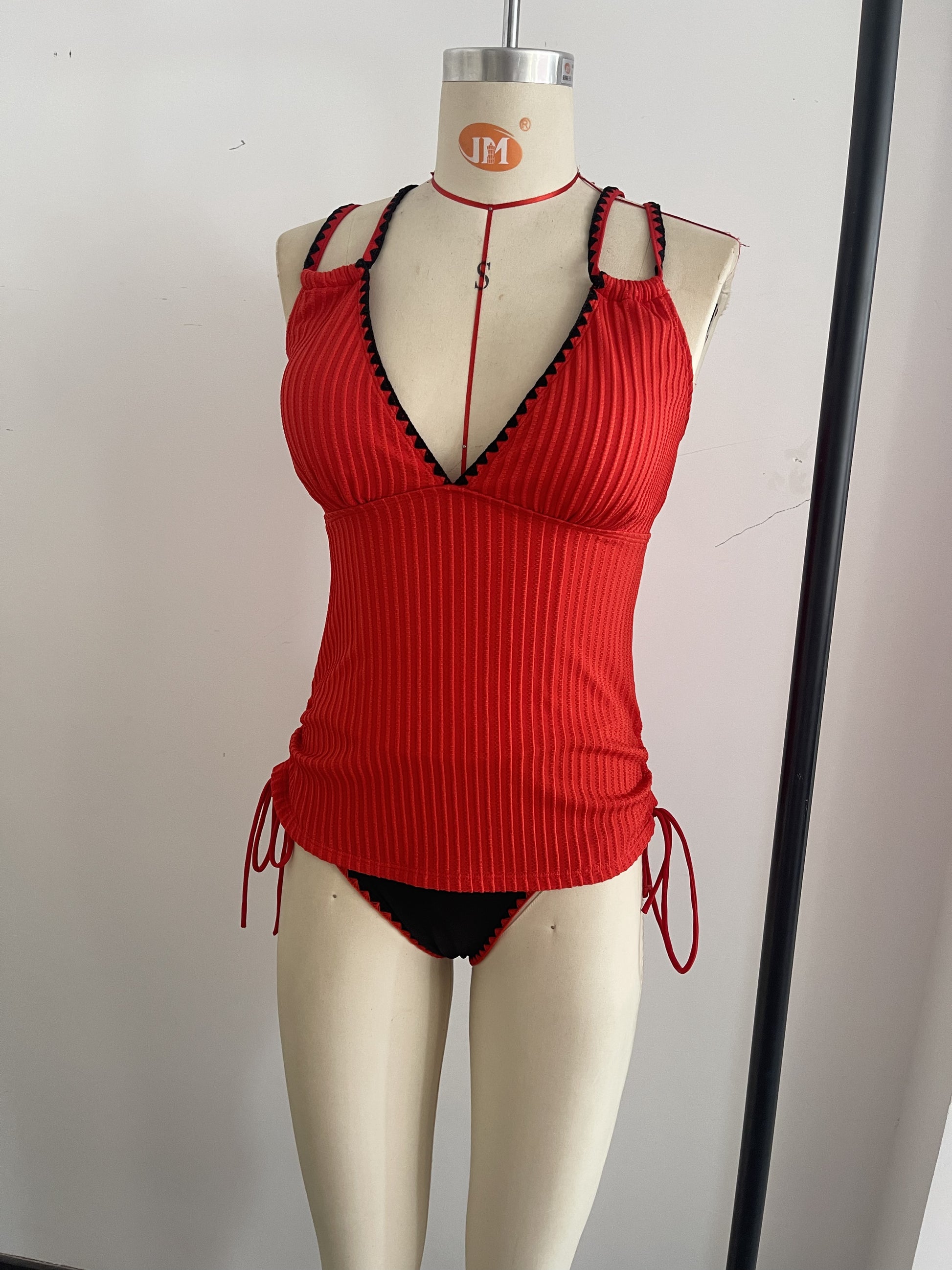 Knitted Hot Red Swimwear Set Featuring a Bold Deep V Cut and Lace-Up Back Detailing Size XL V1119-SSB016-KNITTED-HOT-RED-SWIMWEAR-SIZE-XL