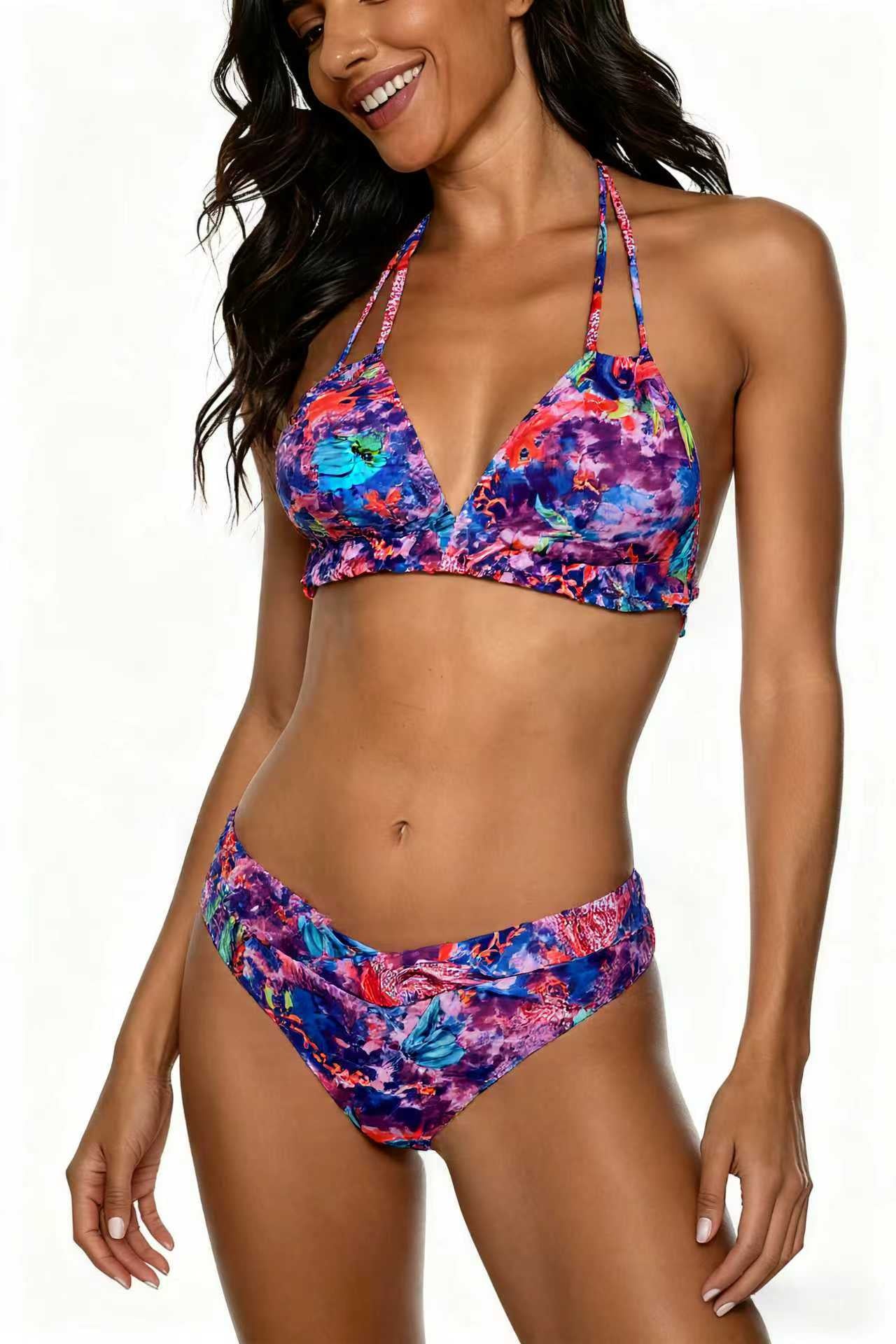 Double Strap Tie-Dye Cosmic Pattern Print Bikini Deep V Swimwear Tie-Dye Swimsuit Size L V1119-SSB021-DOUBLE-TIE--BIKINI-SWIMWEAR-COSMIC-PATTERN-PRINT-SIZE-L