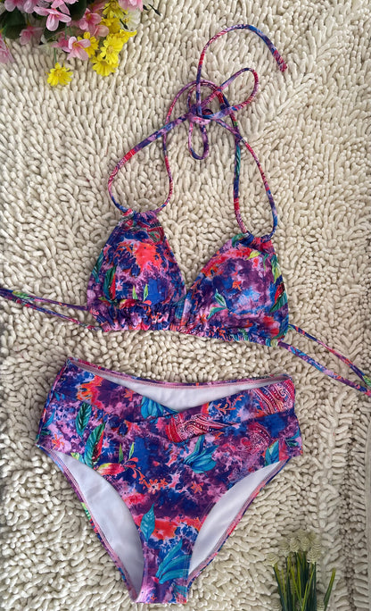 Double Strap Tie-Dye Cosmic Pattern Print Bikini Deep V Swimwear Tie-Dye Swimsuit Size S V1119-SSB021-DOUBLE-TIE--BIKINI-SWIMWEAR-COSMIC-PATTERN-PRINT-SIZE-S