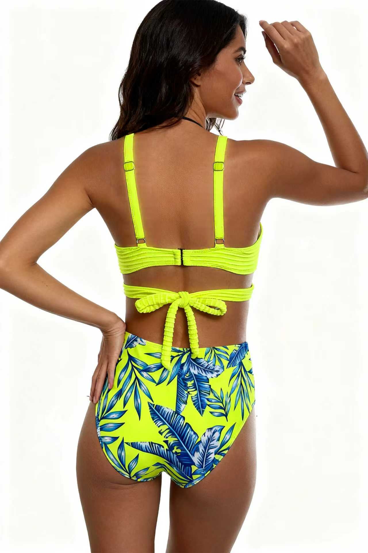 Fluorescent Yellow Crossover Design Bikini Palm Leaf Print Swimwear Size S V1119-SSB023-PALM-LEAF-PRINT-SWIMWEAR-FLUORESCENT-YELLOW-SIZE-S