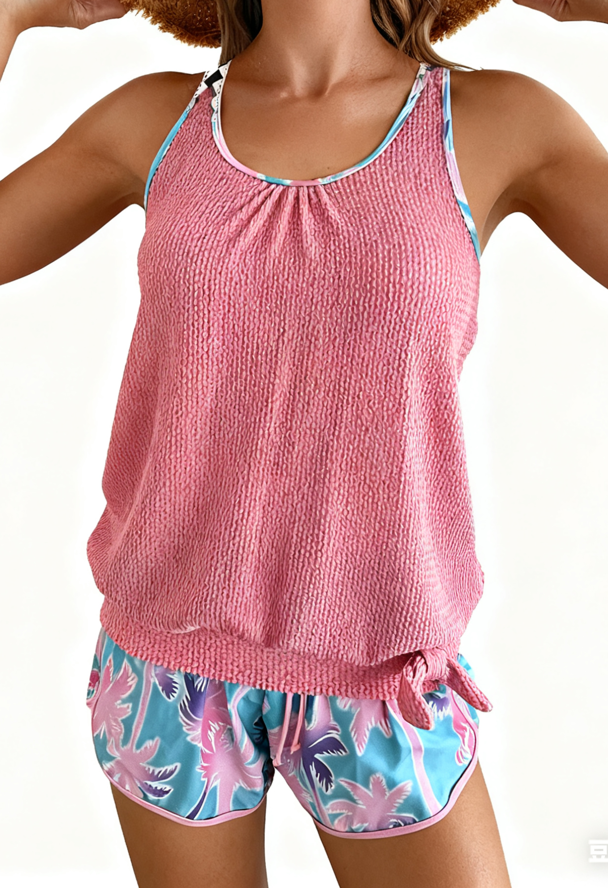 Palm Tree Print Holiday-Style Knit Fabric Two-Piece Swimsuit Size L V1119-SSB028-PALM-TREE-PRINT-TWO-PIECE-SWIMSUIT-SIZE-L