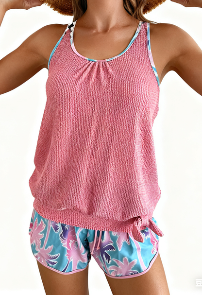Palm Tree Print Holiday-Style Knit Fabric Two-Piece Swimsuit Size L V1119-SSB028-PALM-TREE-PRINT-TWO-PIECE-SWIMSUIT-SIZE-L