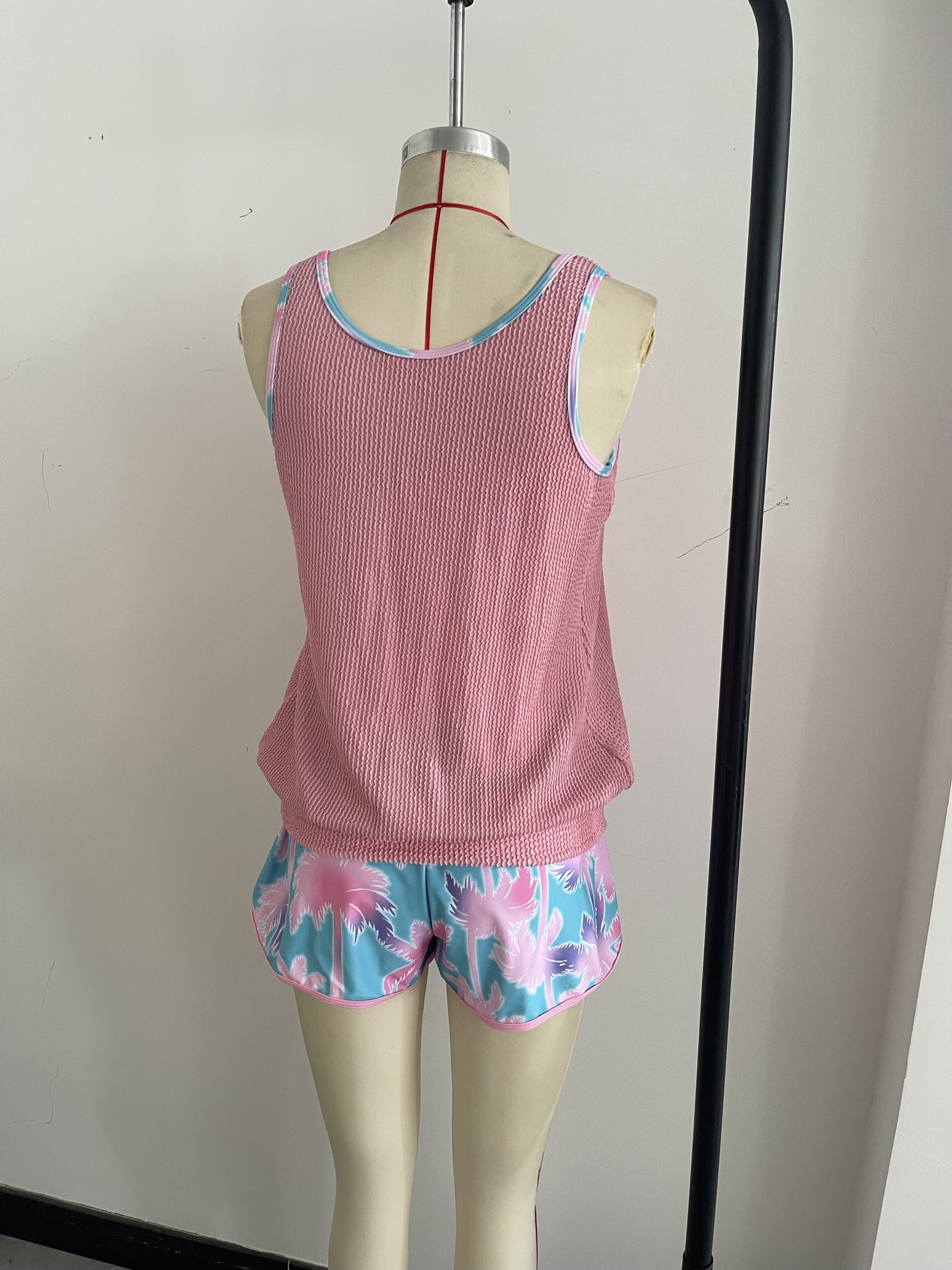 Palm Tree Print Holiday-Style Knit Fabric Two-Piece Swimsuit Size M V1119-SSB028-PALM-TREE-PRINT-TWO-PIECE-SWIMSUIT-SIZE-M