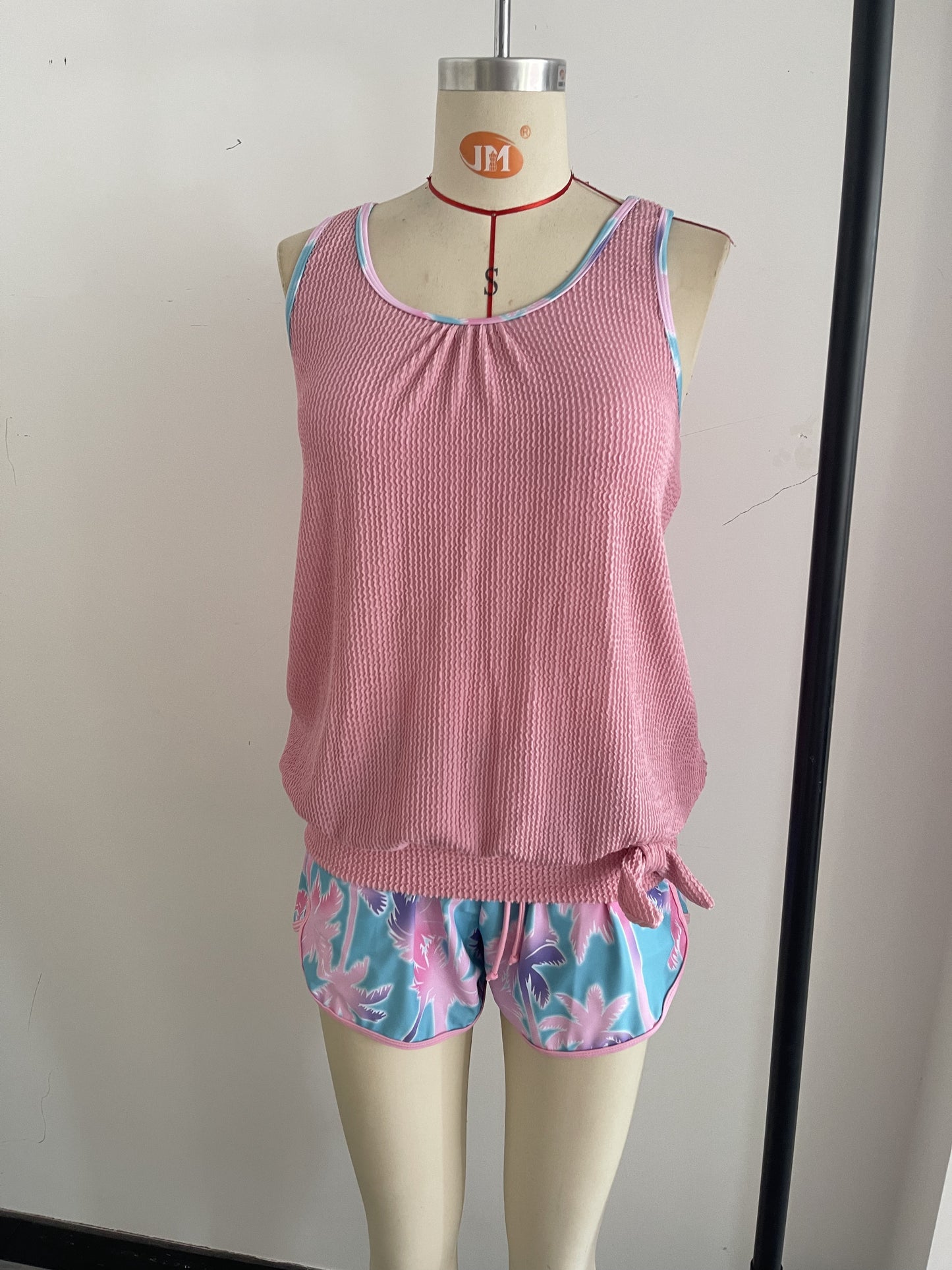Palm Tree Print Holiday-Style Knit Fabric Two-Piece Swimsuit Size S V1119-SSB028-PALM-TREE-PRINT-TWO-PIECE-SWIMSUIT-SIZE-S