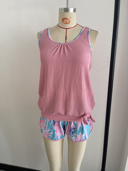 Palm Tree Print Holiday-Style Knit Fabric Two-Piece Swimsuit Size S V1119-SSB028-PALM-TREE-PRINT-TWO-PIECE-SWIMSUIT-SIZE-S