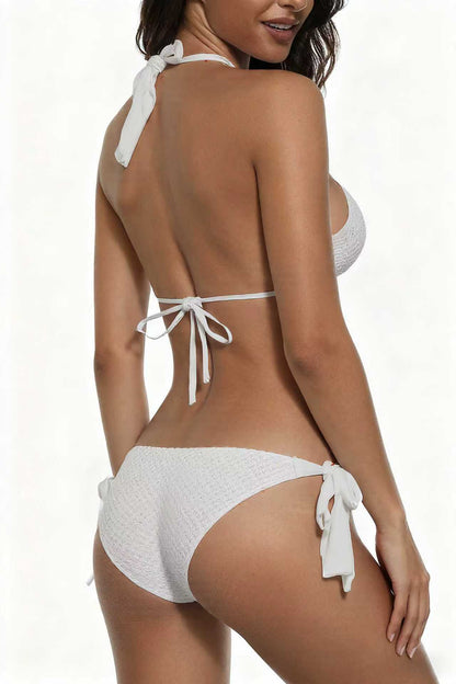 Three-Dimensional Pattern Fabric Bikini White Simple Metal Chain Swimsuit Sexy Deep V Tie Swimwear Size L V1119-SSB033-TIE-BIKINI-SWIMWEAR-WHITE-SIZE-L