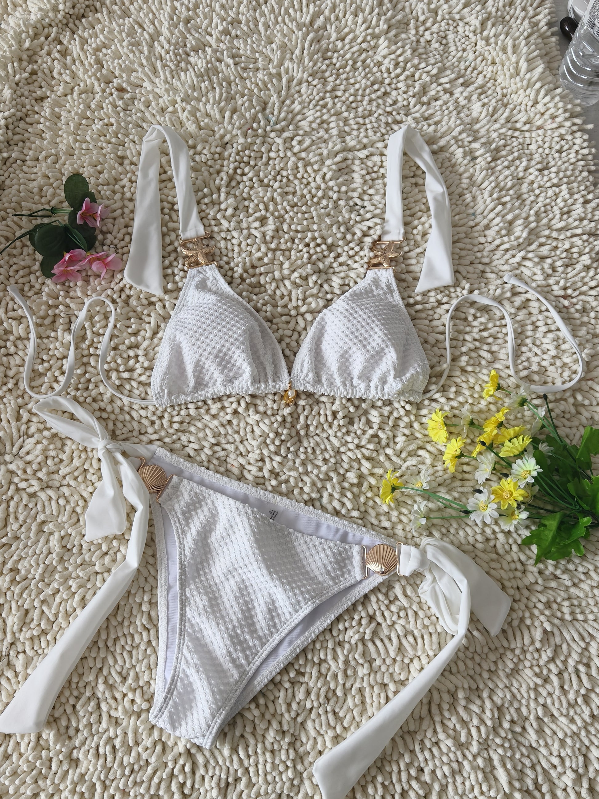 Three-Dimensional Pattern Fabric Bikini White Simple Metal Chain Swimsuit Sexy Deep V Tie Swimwear Size XL V1119-SSB033-TIE-BIKINI-SWIMWEAR-WHITE-SIZE-XL