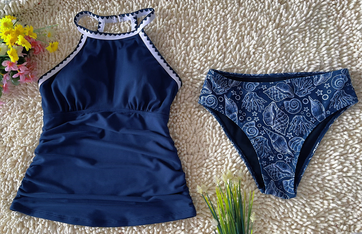 Spot Eco-friendly Fabric Navy Round Neck Swimsuit Sexy Tankini Size L V1119-SSB040-NAVY-ROUND-NECK-SWIMSUIT-SEXY-TANKINI-SIZE-L