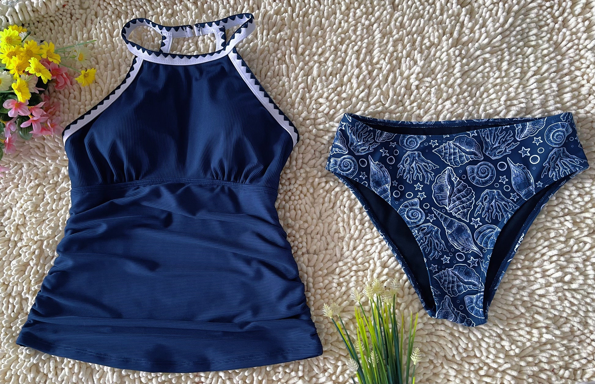 Spot Eco-friendly Fabric Navy Round Neck Swimsuit Sexy Tankini Size L V1119-SSB040-NAVY-ROUND-NECK-SWIMSUIT-SEXY-TANKINI-SIZE-L
