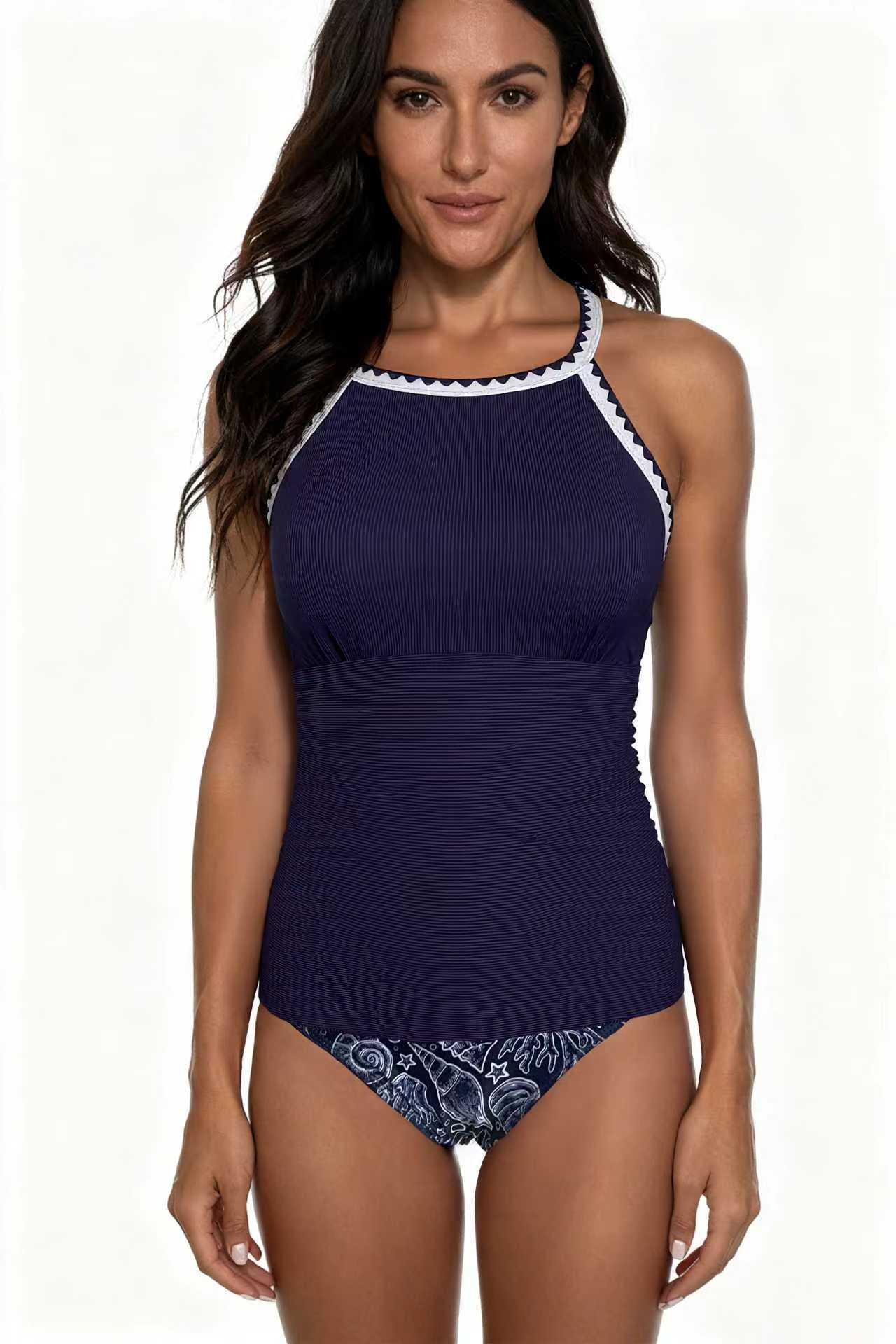 Spot Eco-friendly Fabric Navy Round Neck Swimsuit Sexy Tankini Size M V1119-SSB040-NAVY-ROUND-NECK-SWIMSUIT-SEXY-TANKINI-SIZE-M