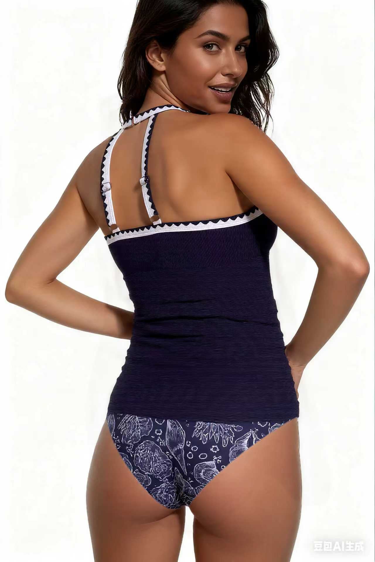 Spot Eco-friendly Fabric Navy Round Neck Swimsuit Sexy Tankini Size M V1119-SSB040-NAVY-ROUND-NECK-SWIMSUIT-SEXY-TANKINI-SIZE-M