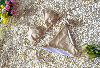 Beige Three Point Tie Bikini Simple Sexy Seashell Embellished Swimsuit Size L V1119-SSB042-SEASHELL-EMBELLISHED-SWIMSUIT-BEIGE-BIKINI-SIZE-L