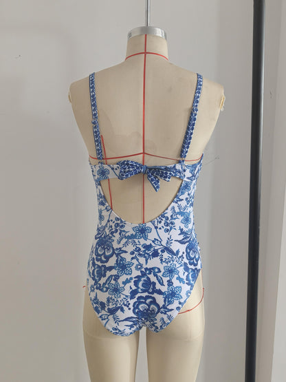 Elegant Chinese-Inspired Printed Bathing Suit With Eye-catching Blue And White Motif Size M V1119-SSB044-ELEGANT-CHINESE-INSPIRED-PRINTED-SWIMWEAR-SIZE-M