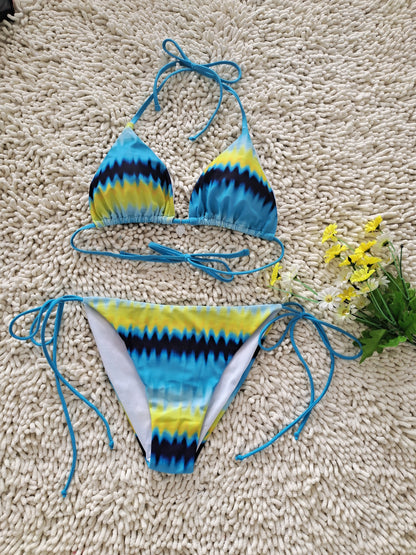 2026 New Bikini Yellow and Blue Color Clash Design Swimsuit Wave Pattern Print Eco-friendly Fabric Size M V1119-SSB049-WAVE-PATTERN-BIKINI-SWIMSUIT-YELLOW-BLUE-SIZE-M
