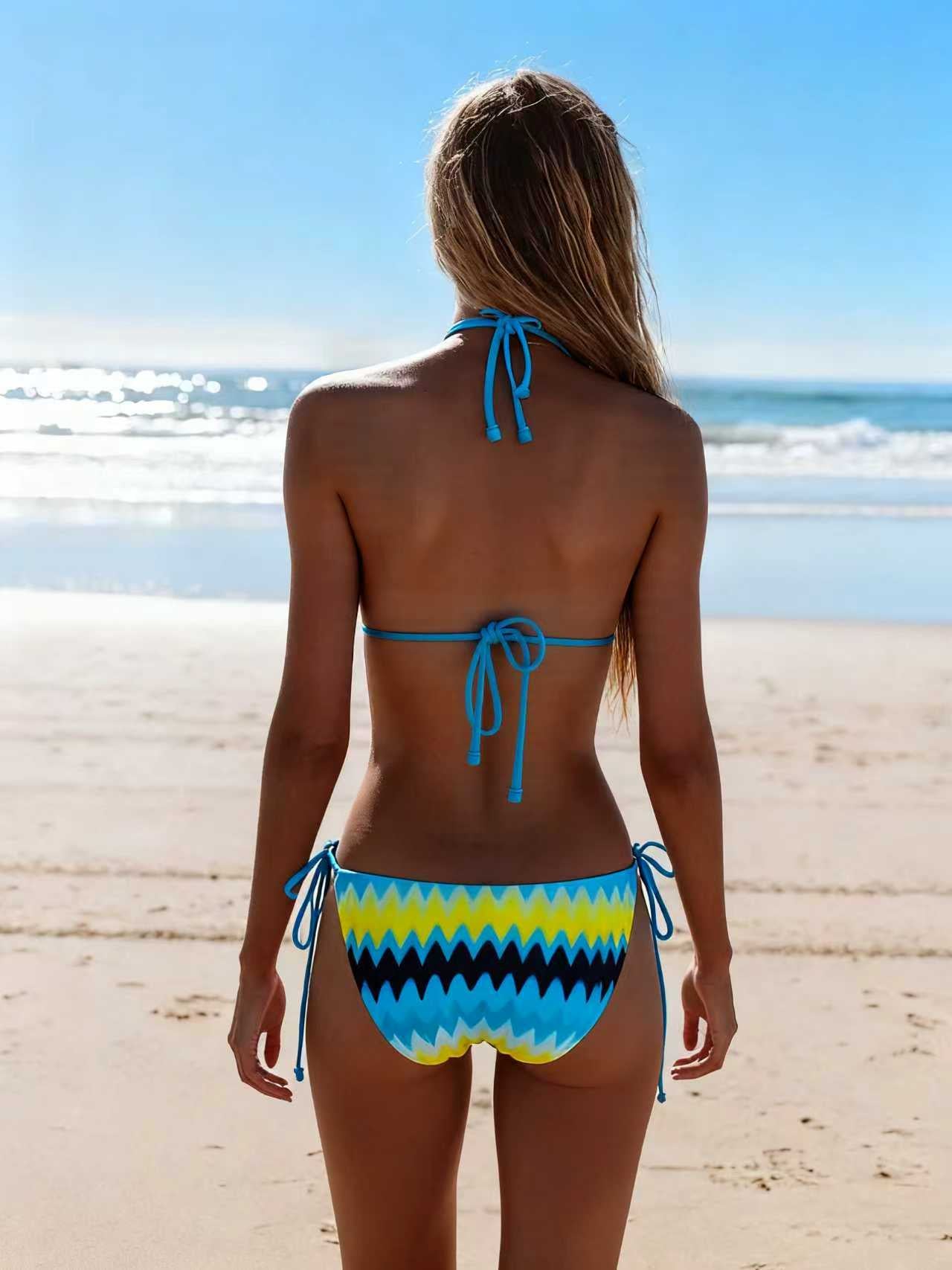 2026 New Bikini Yellow and Blue Color Clash Design Swimsuit Wave Pattern Print Eco-friendly Fabric Size XL V1119-SSB049-WAVE-PATTERN-BIKINI-SWIMSUIT-YELLOW-BLUE-SIZE-XL