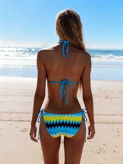 2026 New Bikini Yellow and Blue Color Clash Design Swimsuit Wave Pattern Print Eco-friendly Fabric Size XL V1119-SSB049-WAVE-PATTERN-BIKINI-SWIMSUIT-YELLOW-BLUE-SIZE-XL