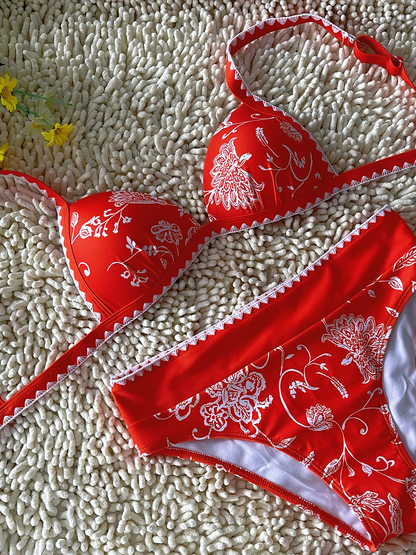 New Hard Cup Bra Padded High Waist Floral Printed Swimsuit Orange Bikini Size M V1119-SSB053-HARD-CUP-HIGH-WAIST-PRINTED-SWIMSUIT-ORANGE-BIKINI-SIZE-M