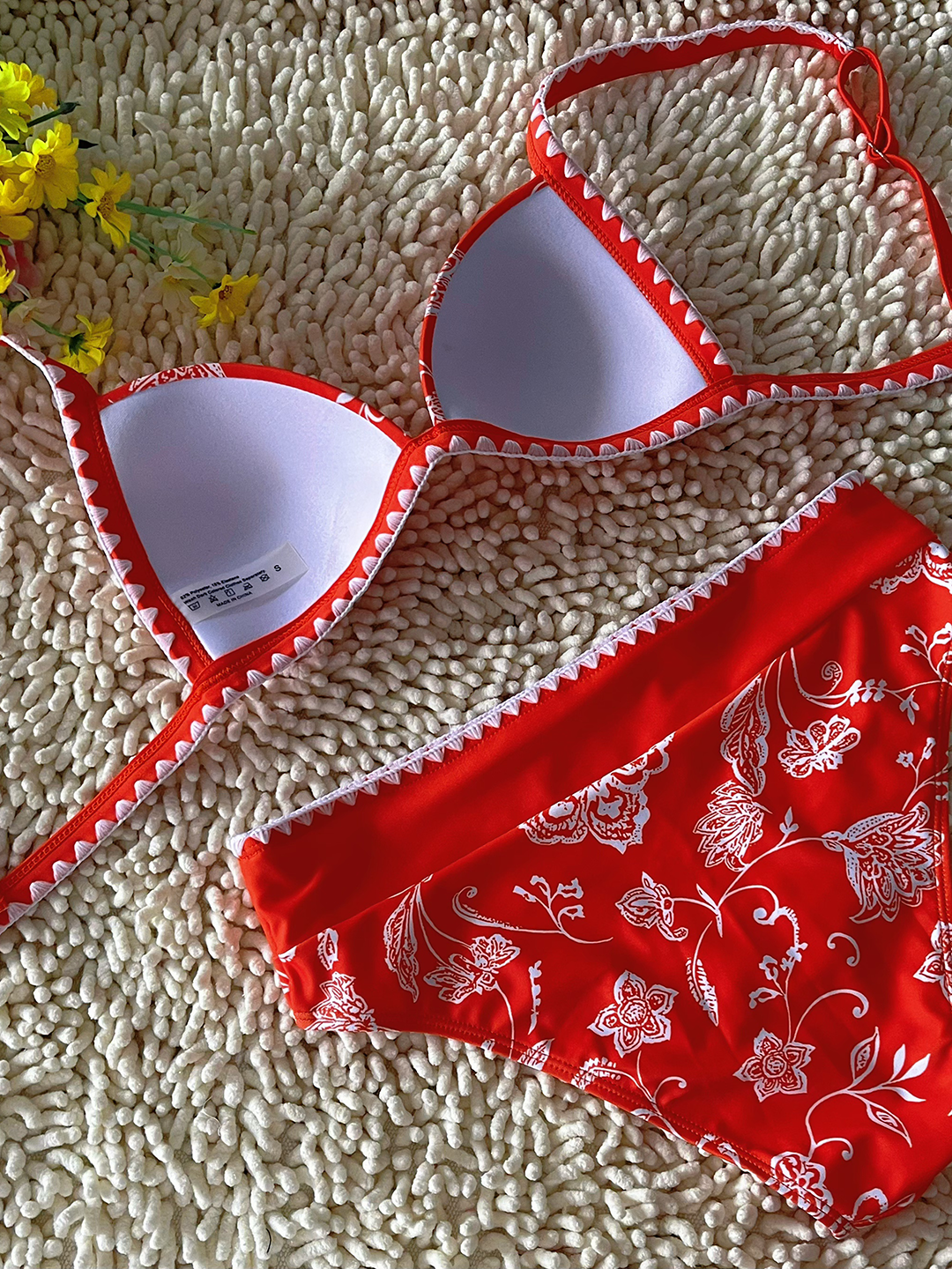 New Hard Cup Bra Padded High Waist Floral Printed Swimsuit Orange Bikini Size S V1119-SSB053-HARD-CUP-HIGH-WAIST-PRINTED-SWIMSUIT-ORANGE-BIKINI-SIZE-S