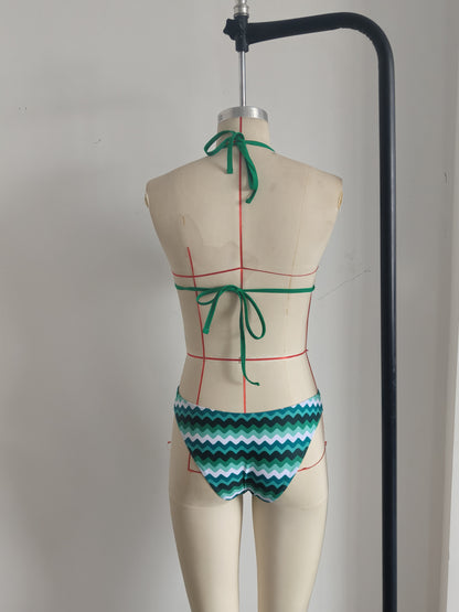 Lake Blue Halter Neck Swimwear with Wave Pattern for Women Size XL V1119-SSB059-LAKE-BLUE-HALTER-NECK-SWIMWEAR-SIZE-XL