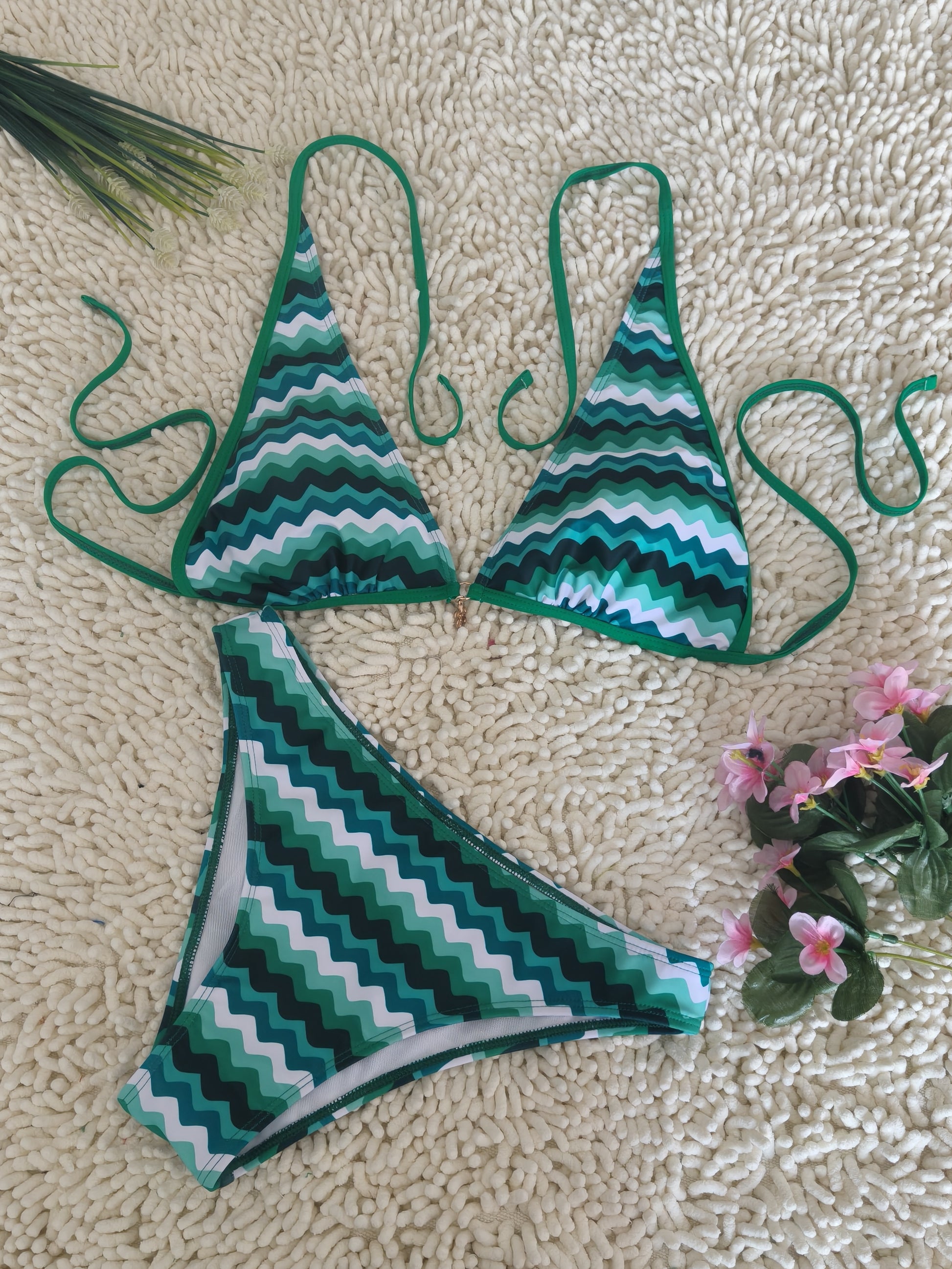 Lake Blue Halter Neck Swimwear with Wave Pattern for Women Size XL V1119-SSB059-LAKE-BLUE-HALTER-NECK-SWIMWEAR-SIZE-XL
