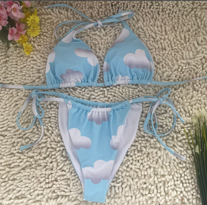 White Clouds Cute Bikini Sky Blue Deep V Tie Swimsuit Size L V1119-SSB062-WHITE-CLOUDS-CUTE-BIKINI-SKY-BLUE-SWIMWEAR-SIZE-L