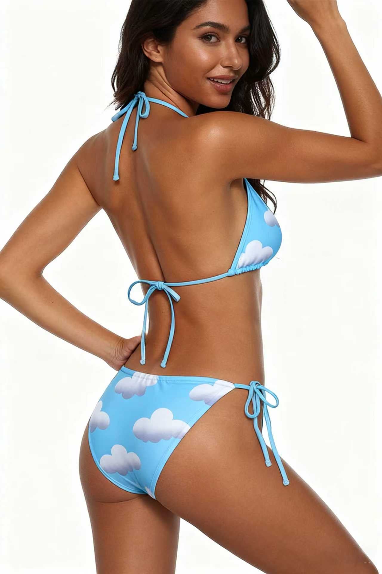 White Clouds Cute Bikini Sky Blue Deep V Tie Swimsuit Size M V1119-SSB062-WHITE-CLOUDS-CUTE-BIKINI-SKY-BLUE-SWIMWEAR-SIZE-M