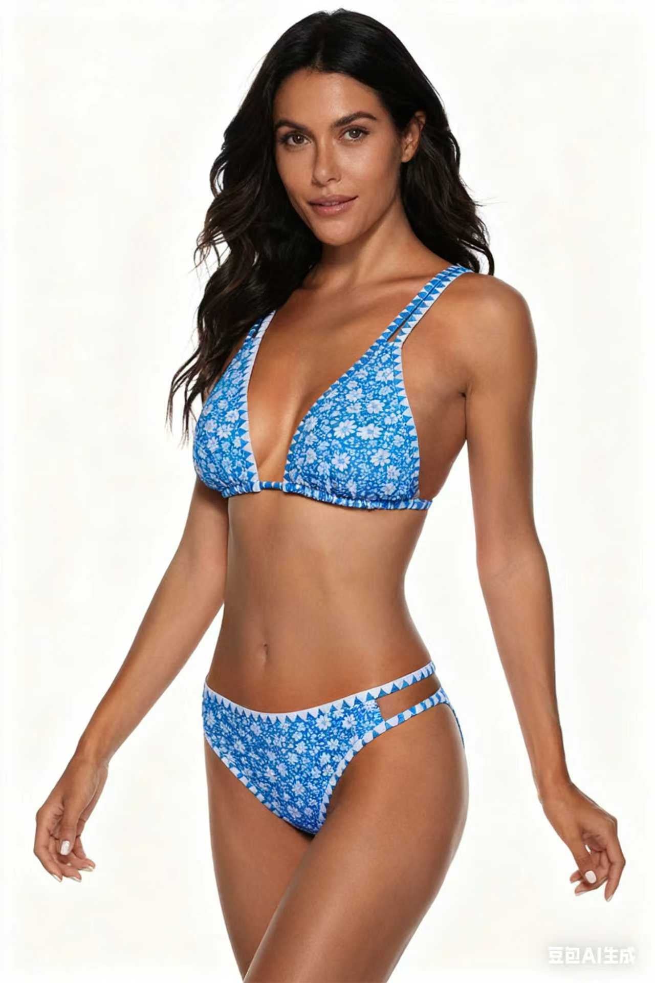 Adjustable Strap Blue Floral Print Swimwear Set Size M V1119-SSB066-BLUE-FLORAL-PRINT-SWIMWEAR-SIZE-M