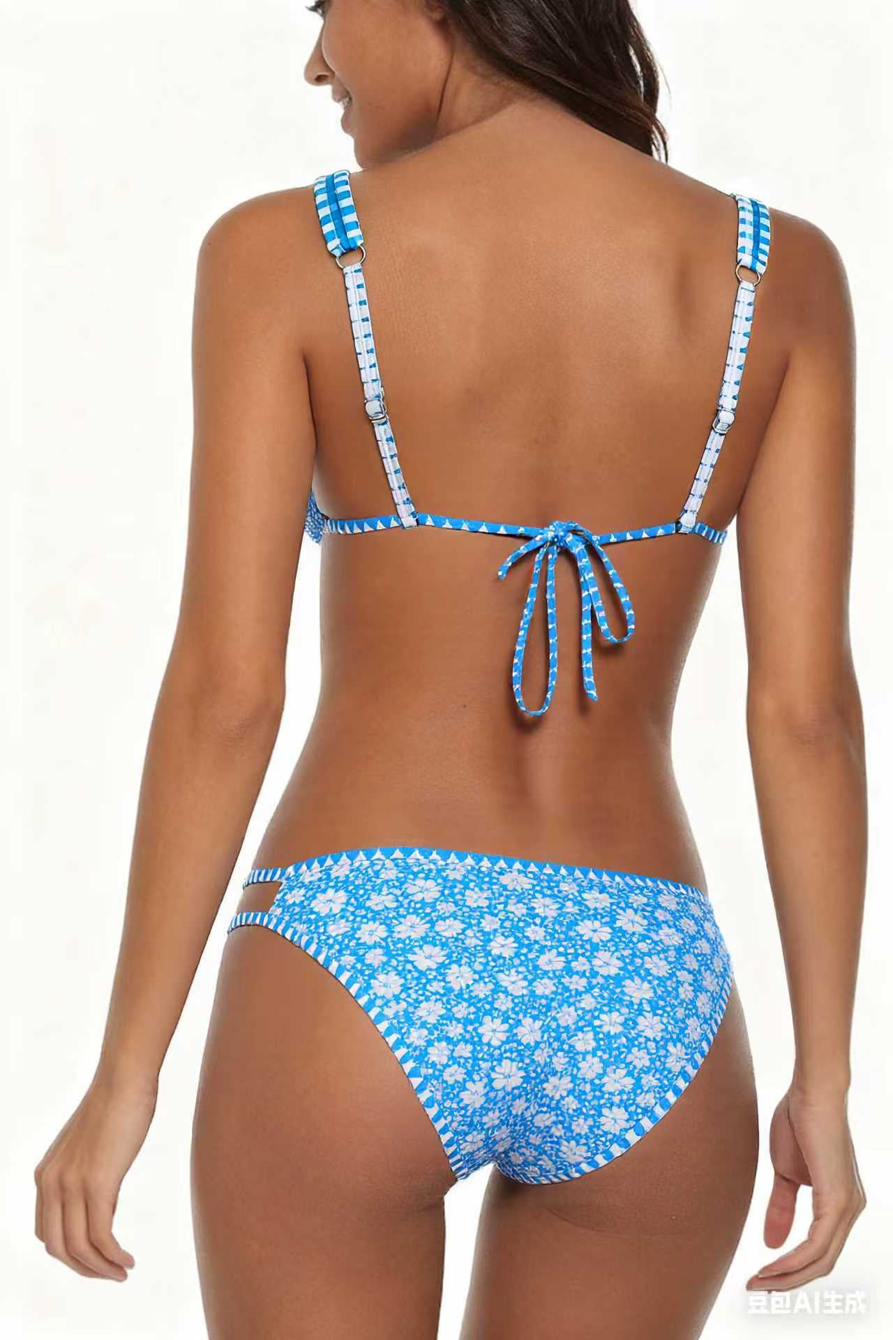 Adjustable Strap Blue Floral Print Swimwear Set Size XL V1119-SSB066-BLUE-FLORAL-PRINT-SWIMWEAR-SIZE-XL