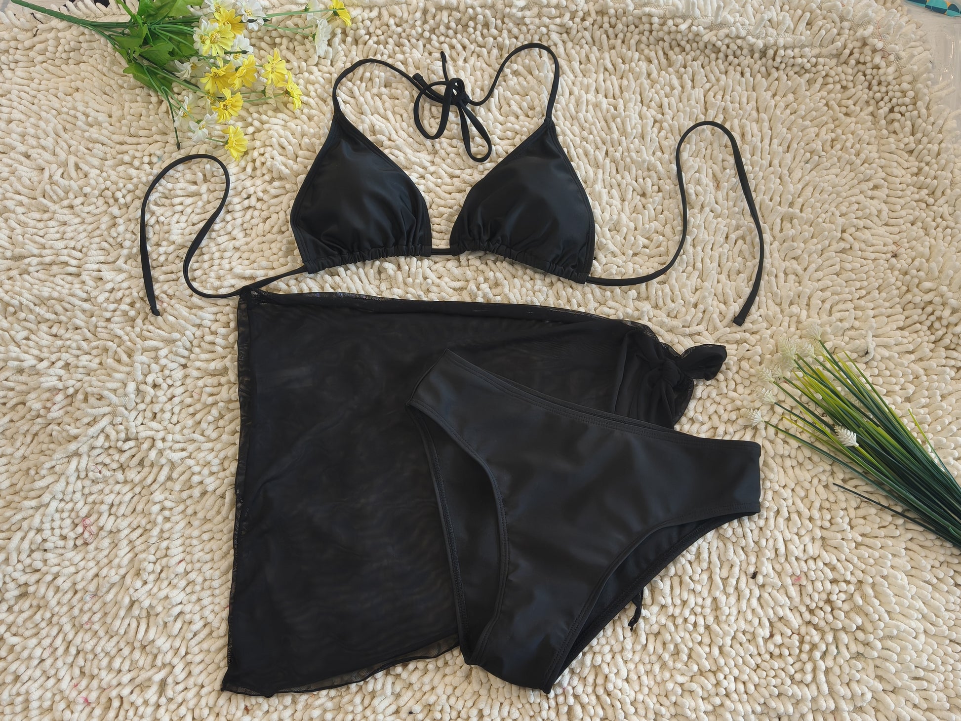 Three Piece Bikini Gauze See Through Sexy Deep V Black Swimsuit Size S V1119-SSB071-THREE-PIECE-BIKINI-SEE-THROUGH-SWIMSUIT-BLACK-SIZE-S