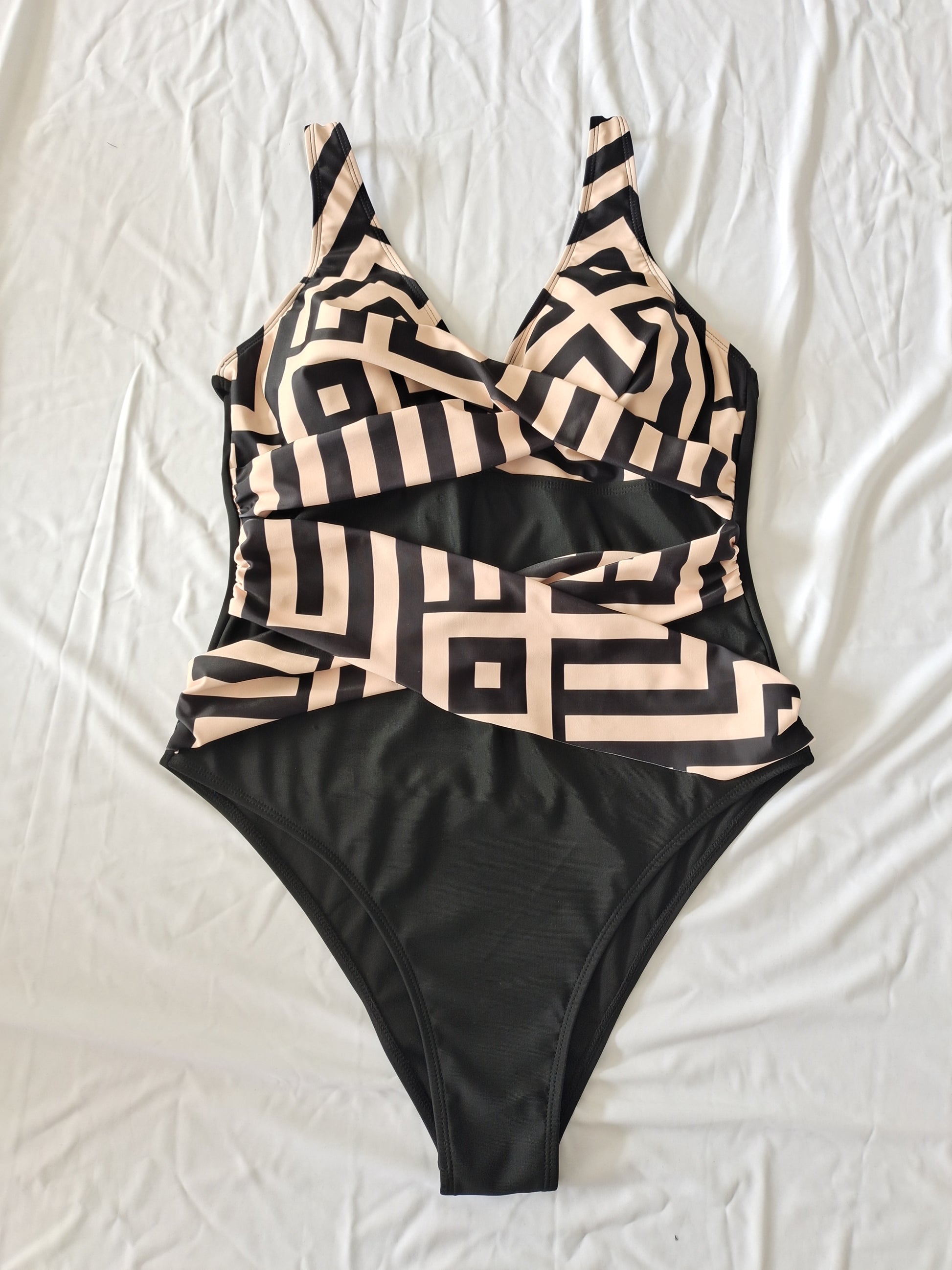 Plus Size One-Piece Deep V-Neck Swimsuit with Waist Tie Design Size 0XL V1119-SSPD001-GOLD-WAIST-TIE-DESIGN-SWIMSUIT-SIZE-0XL