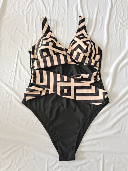 Plus Size One-Piece Deep V-Neck Swimsuit with Waist Tie Design Size 0XL V1119-SSPD001-GOLD-WAIST-TIE-DESIGN-SWIMSUIT-SIZE-0XL