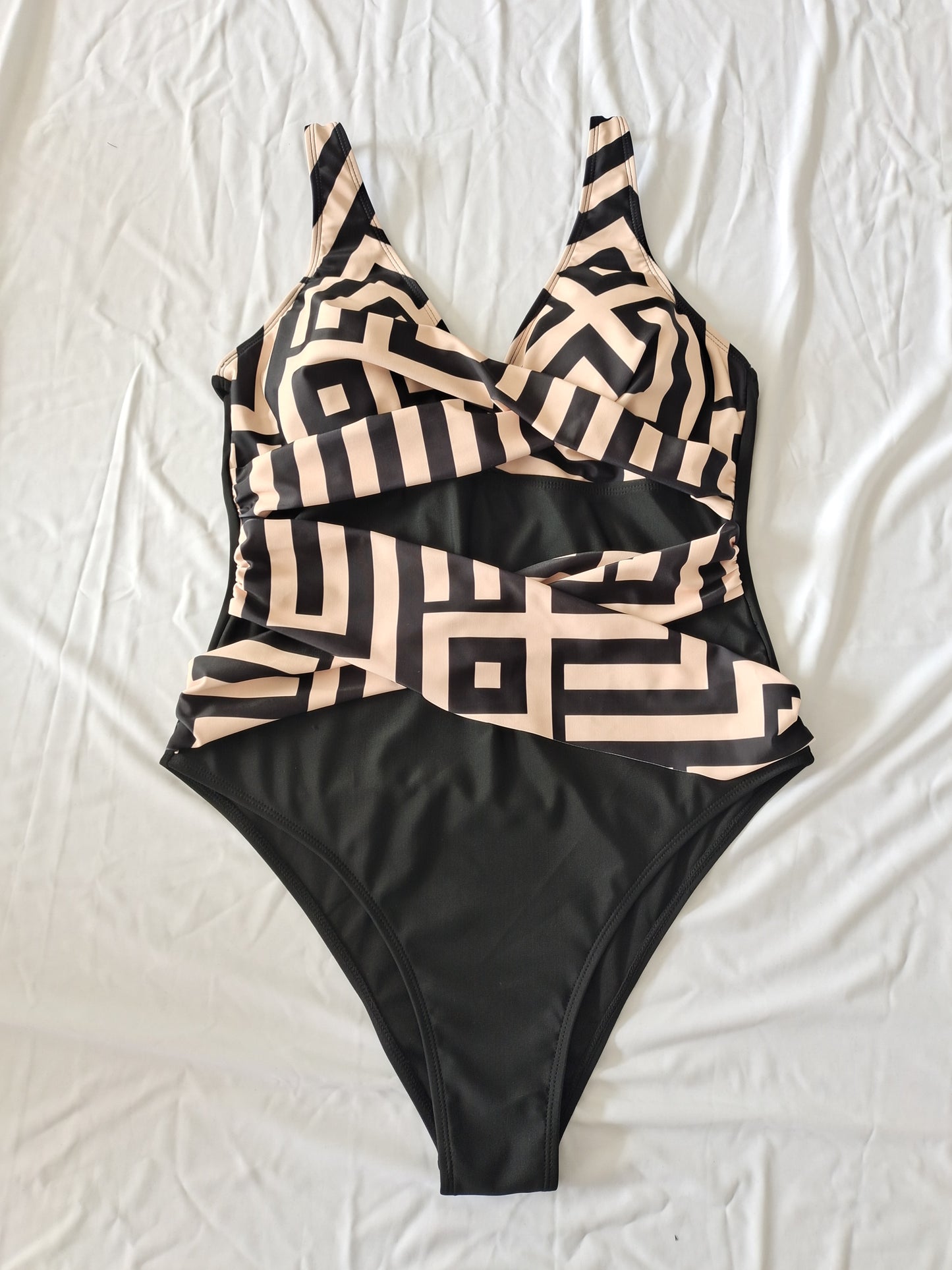 Plus Size One-Piece Deep V-Neck Swimsuit with Waist Tie Design Size 3XL V1119-SSPD001-GOLD-WAIST-TIE-DESIGN-SWIMSUIT-SIZE-3XL