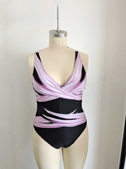 Plus Size One-Piece Deep V-Neck Swimsuit with Waist Tie Design Size 2XL V1119-SSPD001-PURPLE-WAIST-TIE-DESIGN-SWIMSUIT-SIZE-2XL
