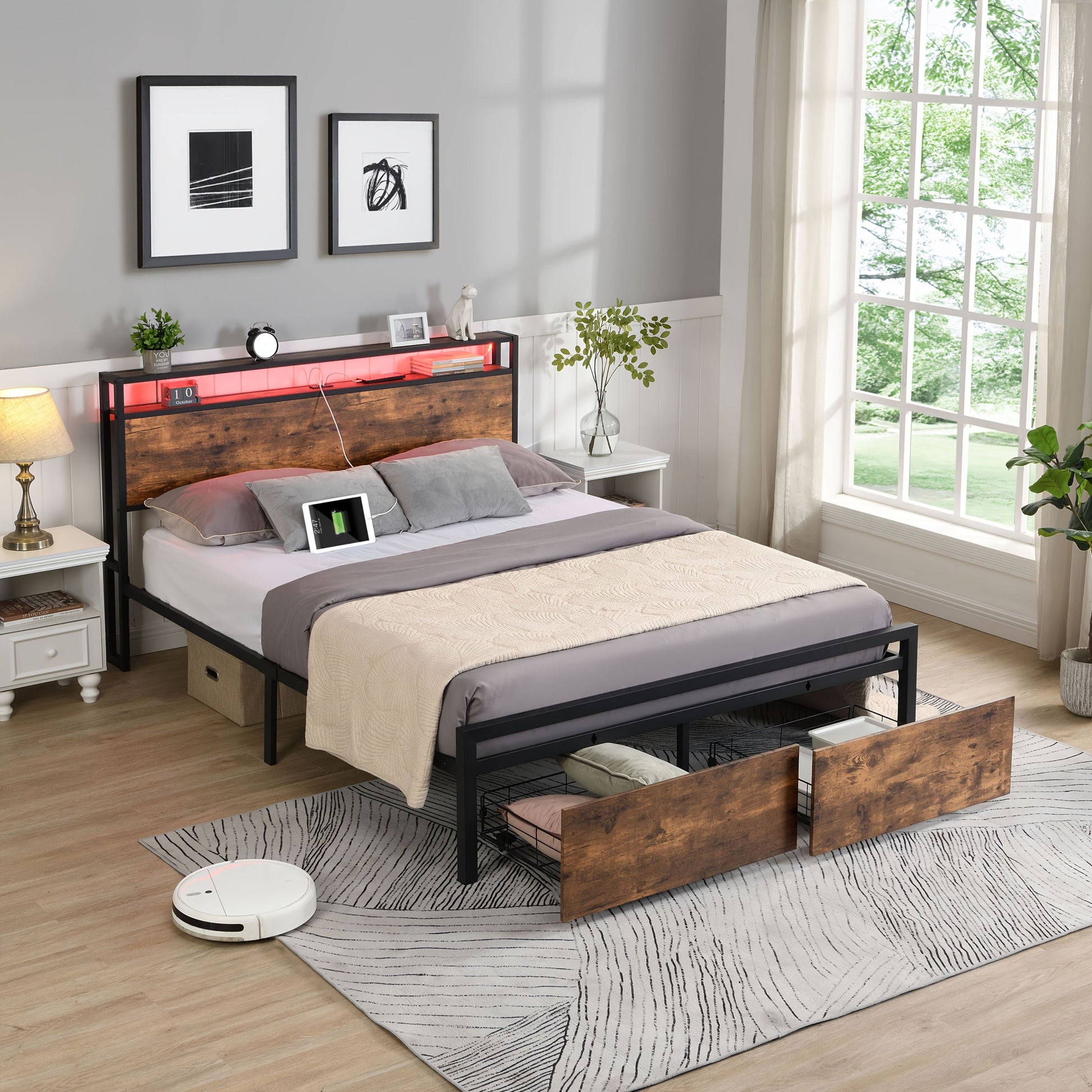 Double Bed Frame with Storage, Industrial Bed with Led Lights Headboard and 2 Drawers, Wooden Bed Frames with V1127-AU-2044DB-BRN