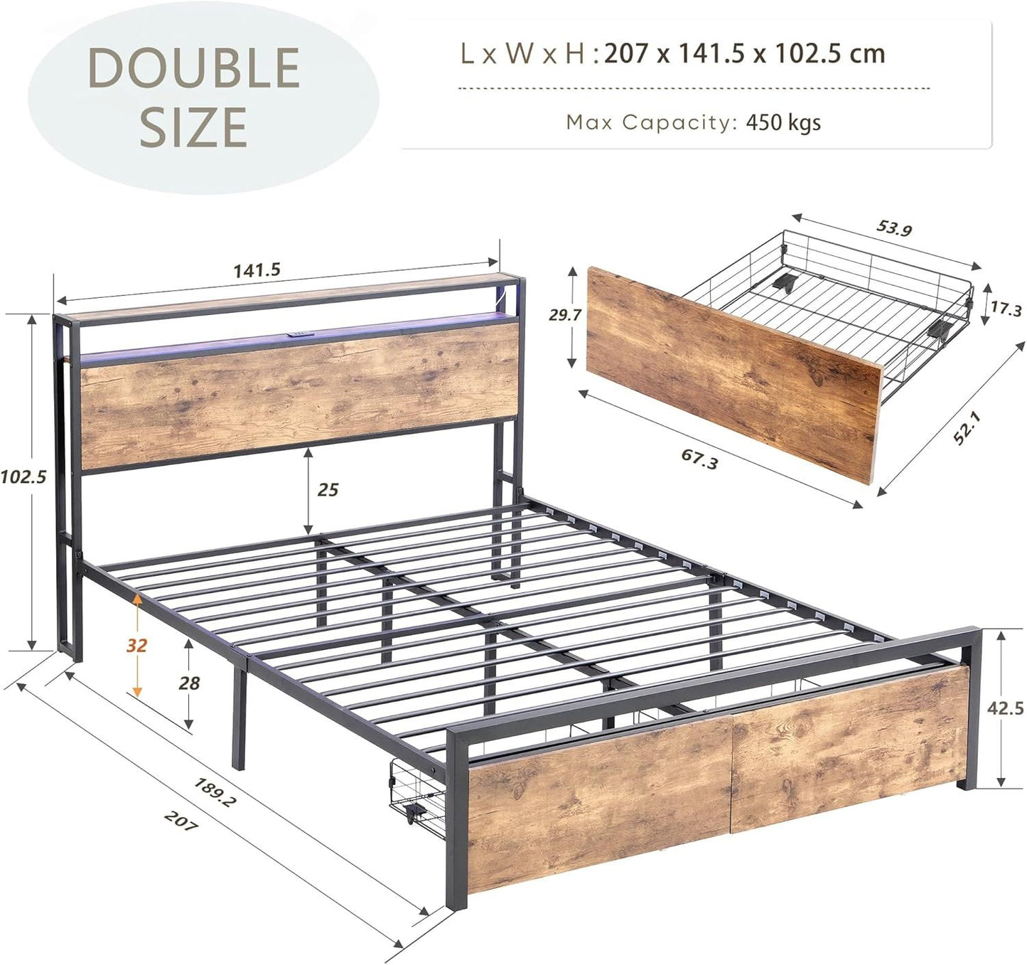 Double Bed Frame with Storage, Industrial Bed with Led Lights Headboard and 2 Drawers, Wooden Bed Frames with V1127-AU-2044DB-BRN