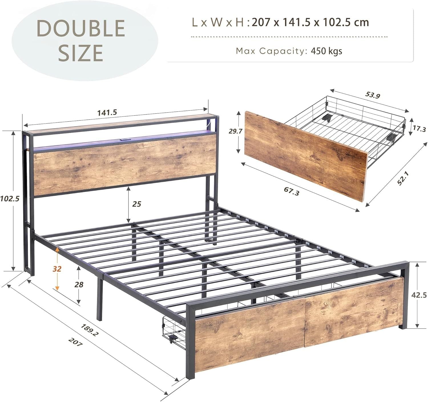 Double Bed Frame with Storage, Industrial Bed with Led Lights Headboard and 2 Drawers, Wooden Bed Frames with V1127-AU-2044DB-BRN