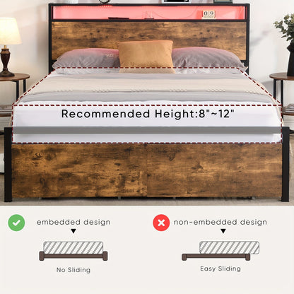 Double Bed Frame with Storage, Industrial Bed with Led Lights Headboard and 2 Drawers, Wooden Bed Frames with V1127-AU-2044DB-BRN