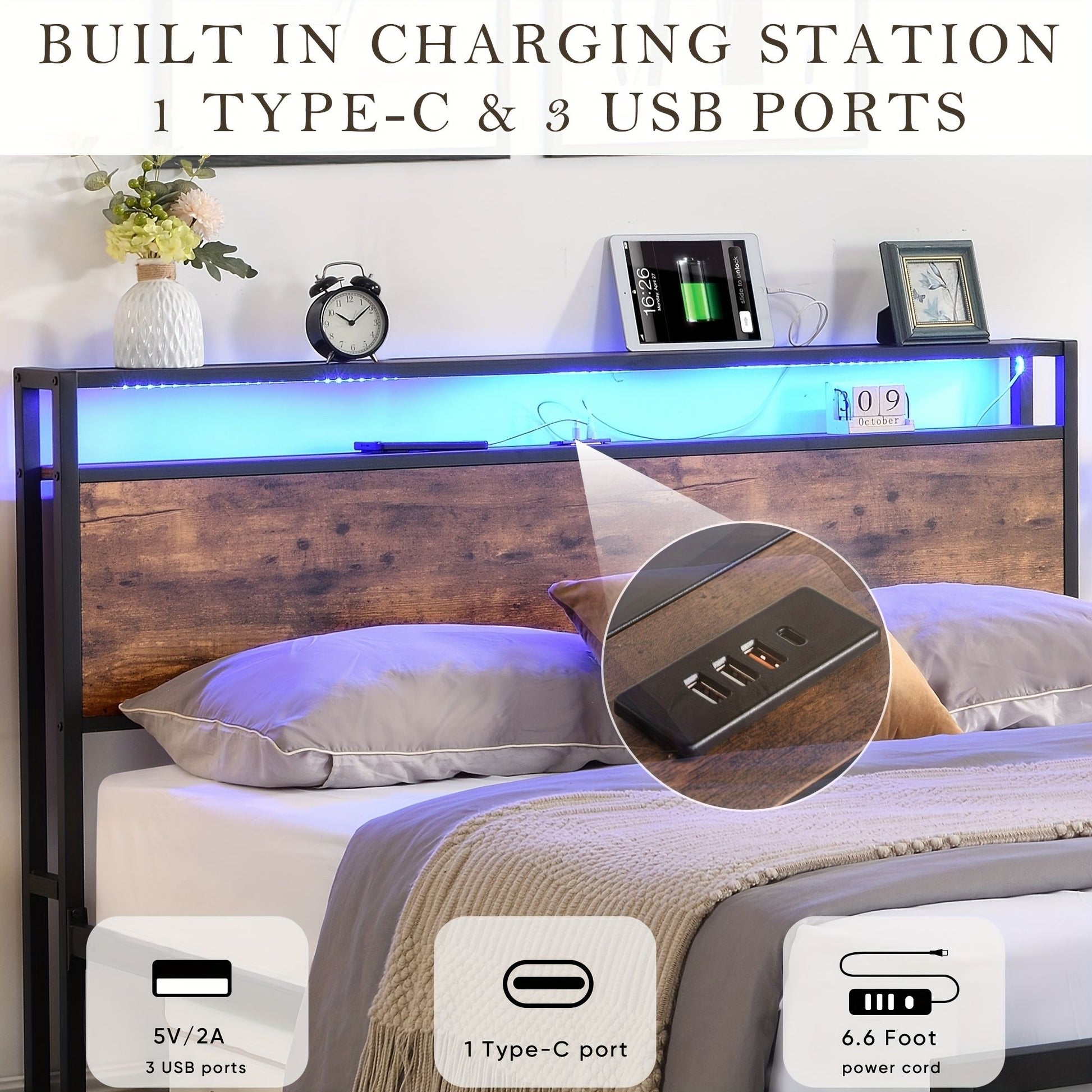 Double Bed Frame with Storage, Industrial Bed with Led Lights Headboard and 2 Drawers, Wooden Bed Frames with V1127-AU-2044DB-BRN