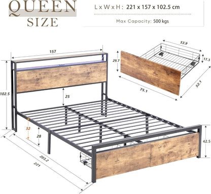 Queen Bed Frame with Storage, Industrial Bed with Led Lights Headboard and 2 Drawers, Wooden Bed Frames with V1127-AU-2044QN-BRN
