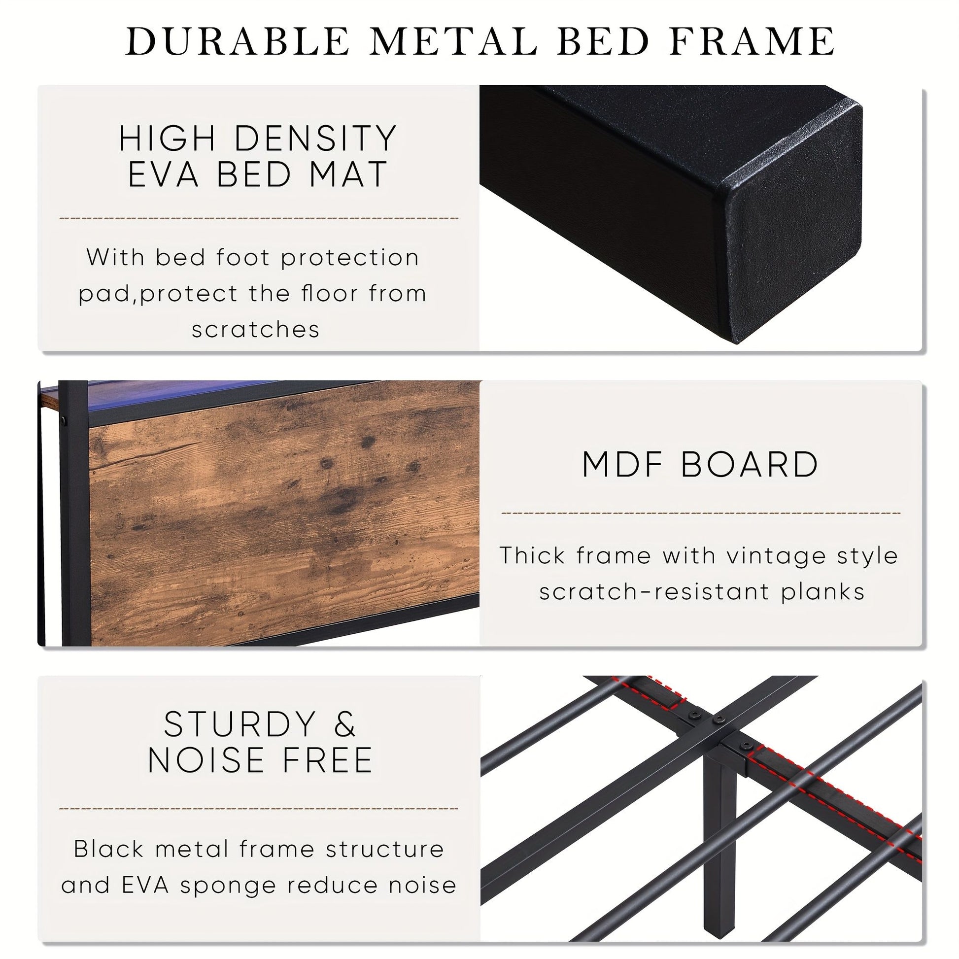 Queen Bed Frame with Storage, Industrial Bed with Led Lights Headboard and 2 Drawers, Wooden Bed Frames with V1127-AU-2044QN-BRN