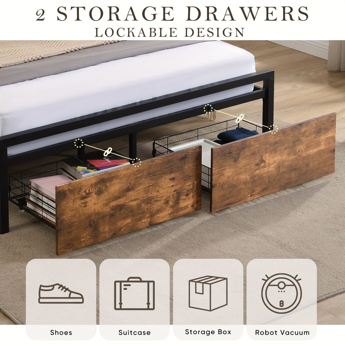 Queen Bed Frame with Storage, Industrial Bed with Led Lights Headboard and 2 Drawers, Wooden Bed Frames with V1127-AU-2044QN-BRN
