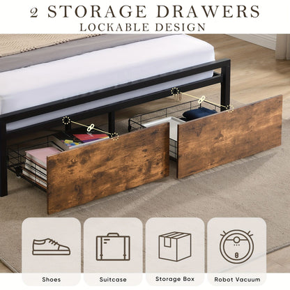 Queen Bed Frame with Storage, Industrial Bed with Led Lights Headboard and 2 Drawers, Wooden Bed Frames with V1127-AU-2044QN-BRN
