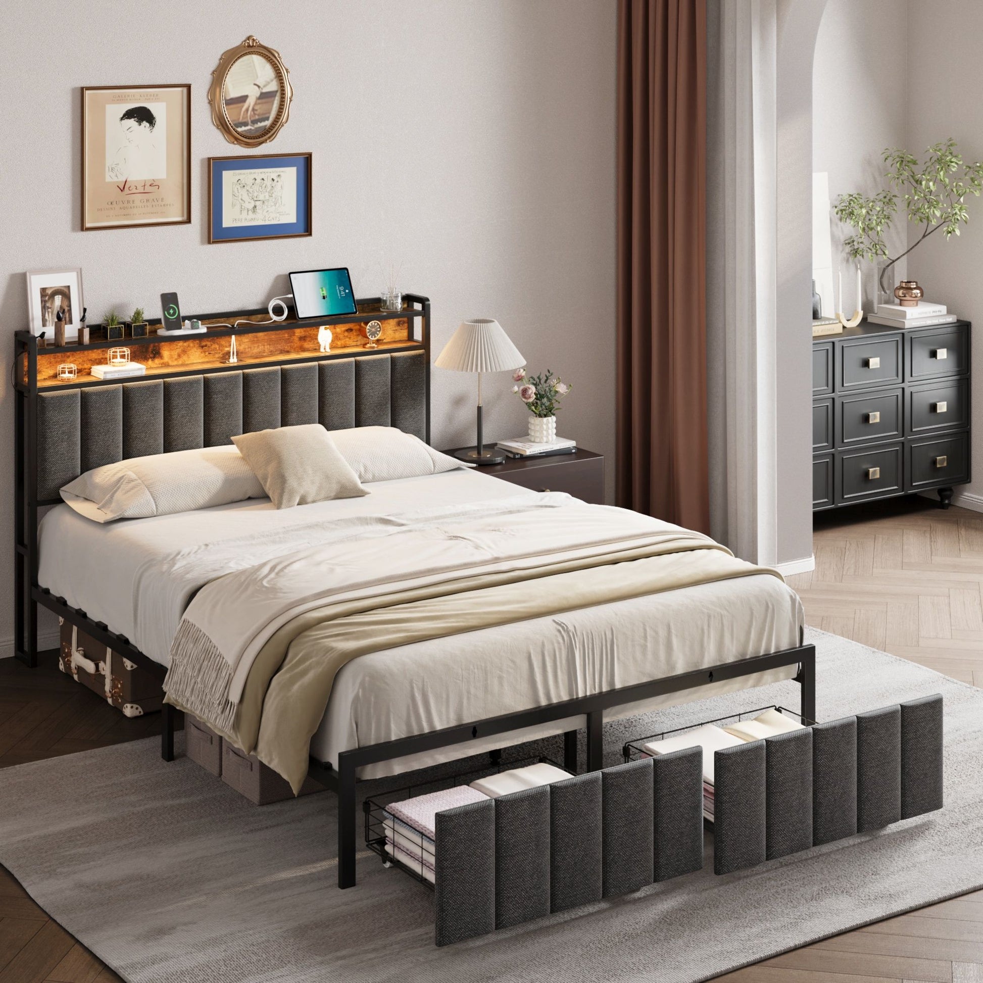 Double Bed Frame with 2 Storage Drawers and LED Lights Headboard, Upholstered Bed Frame with Charging V1127-AU-2452DB-GRY