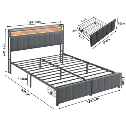 Double Bed Frame with 2 Storage Drawers and LED Lights Headboard, Upholstered Bed Frame with Charging V1127-AU-2452DB-GRY