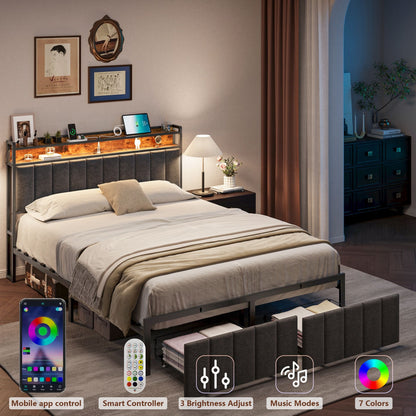 Double Bed Frame with 2 Storage Drawers and LED Lights Headboard, Upholstered Bed Frame with Charging V1127-AU-2452DB-GRY