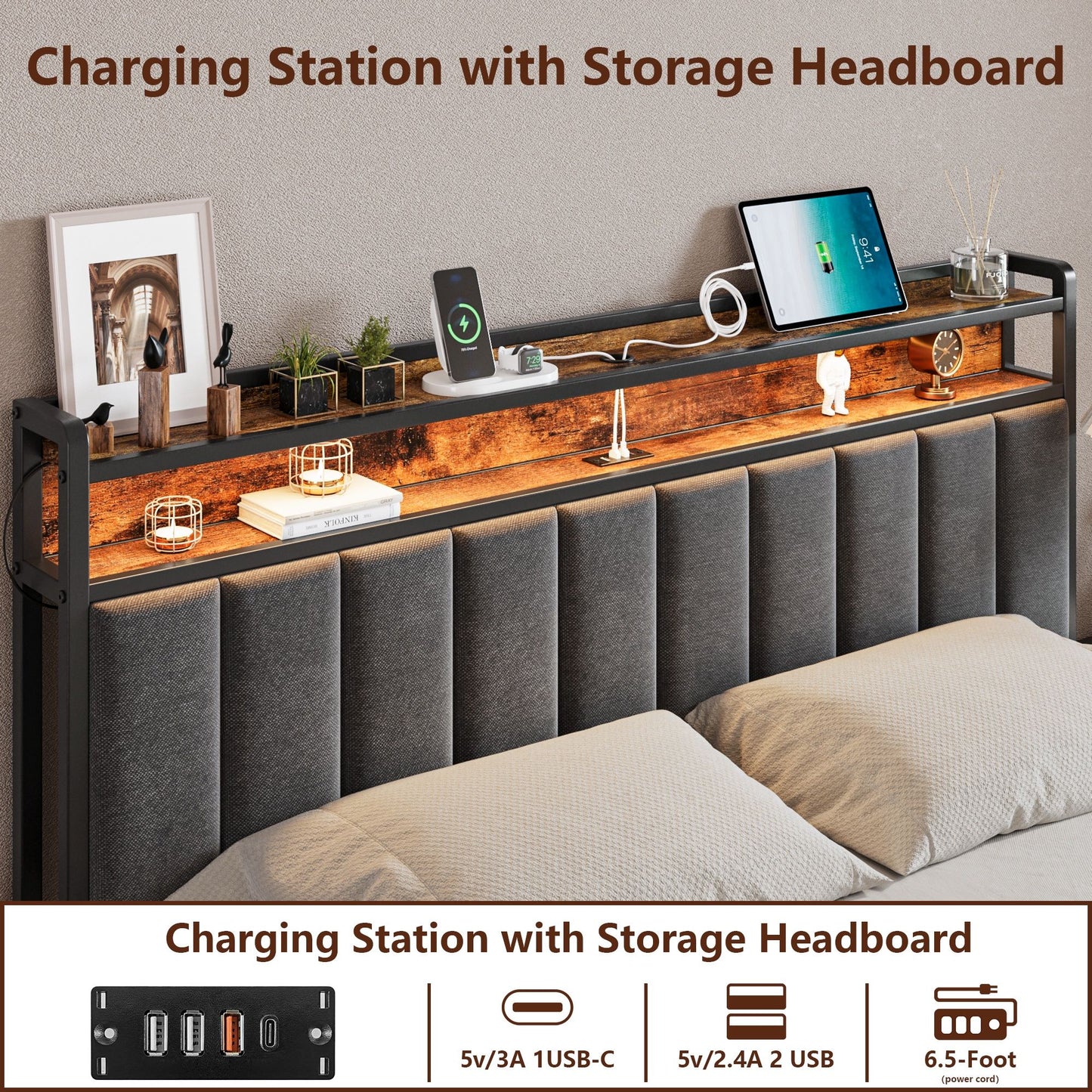 Double Bed Frame with 2 Storage Drawers and LED Lights Headboard, Upholstered Bed Frame with Charging V1127-AU-2452DB-GRY